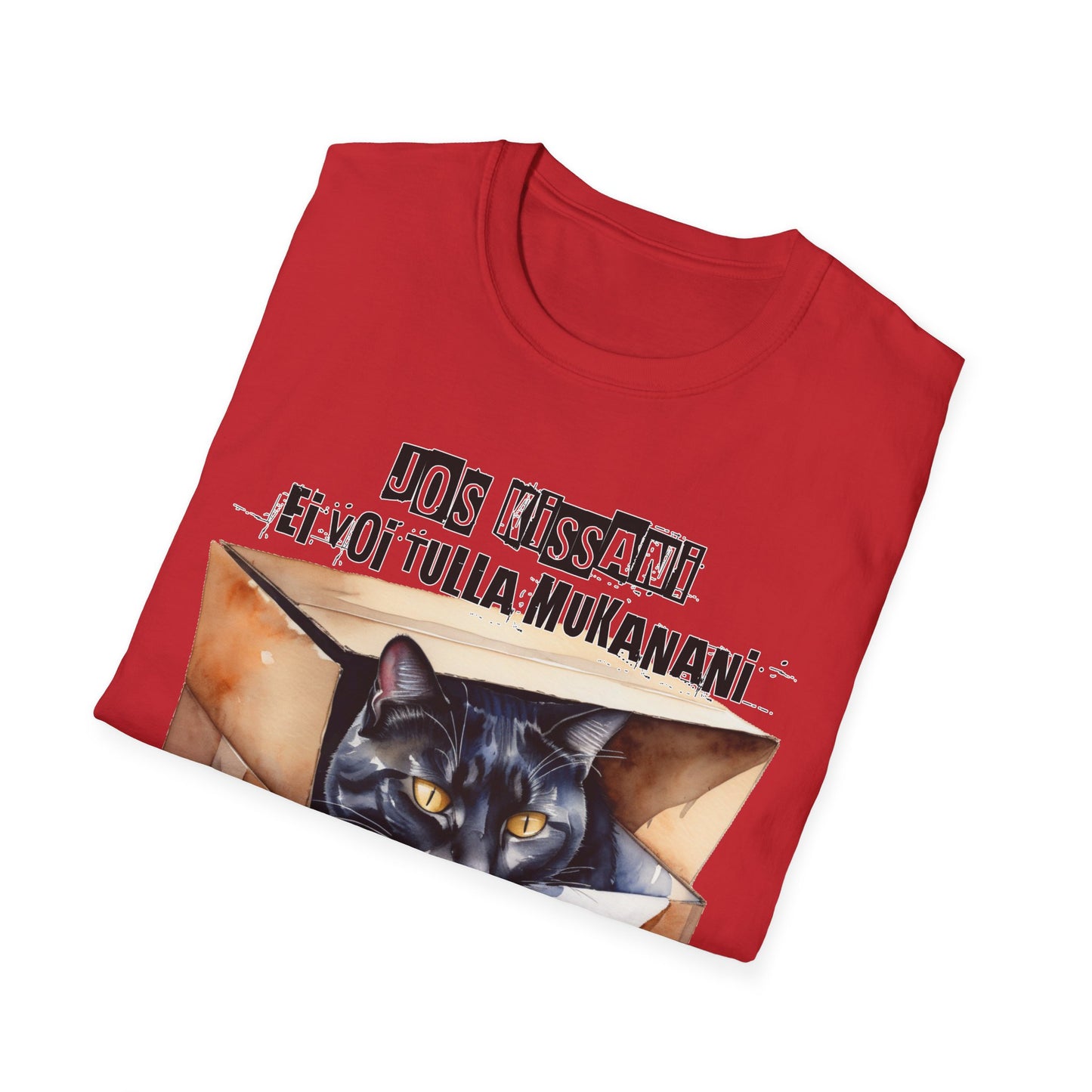T-Paita - jos kissani ei voi tulla, minä en tule, musta kissa pahvilaatikossa