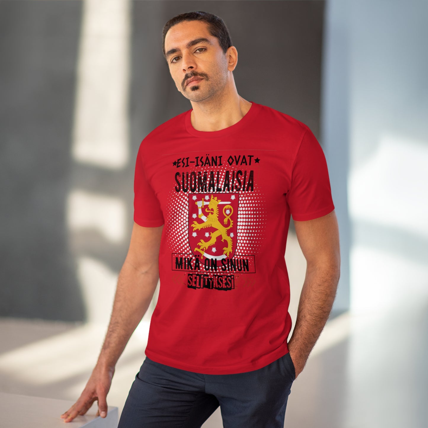 Unisex luomupuuvillainen t-paita - esi-isäni ovat suomalaisia, mikä o sinun selityksesi, suomivaakuna