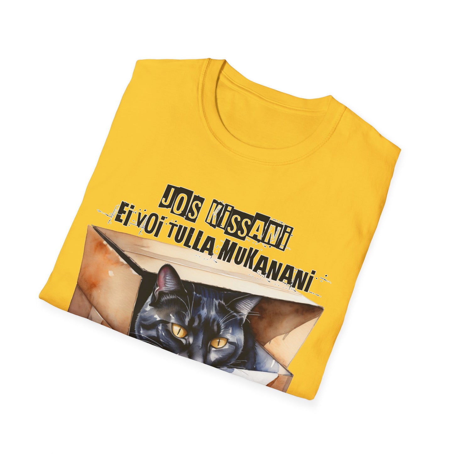 T-Paita - jos kissani ei voi tulla, minä en tule, musta kissa pahvilaatikossa