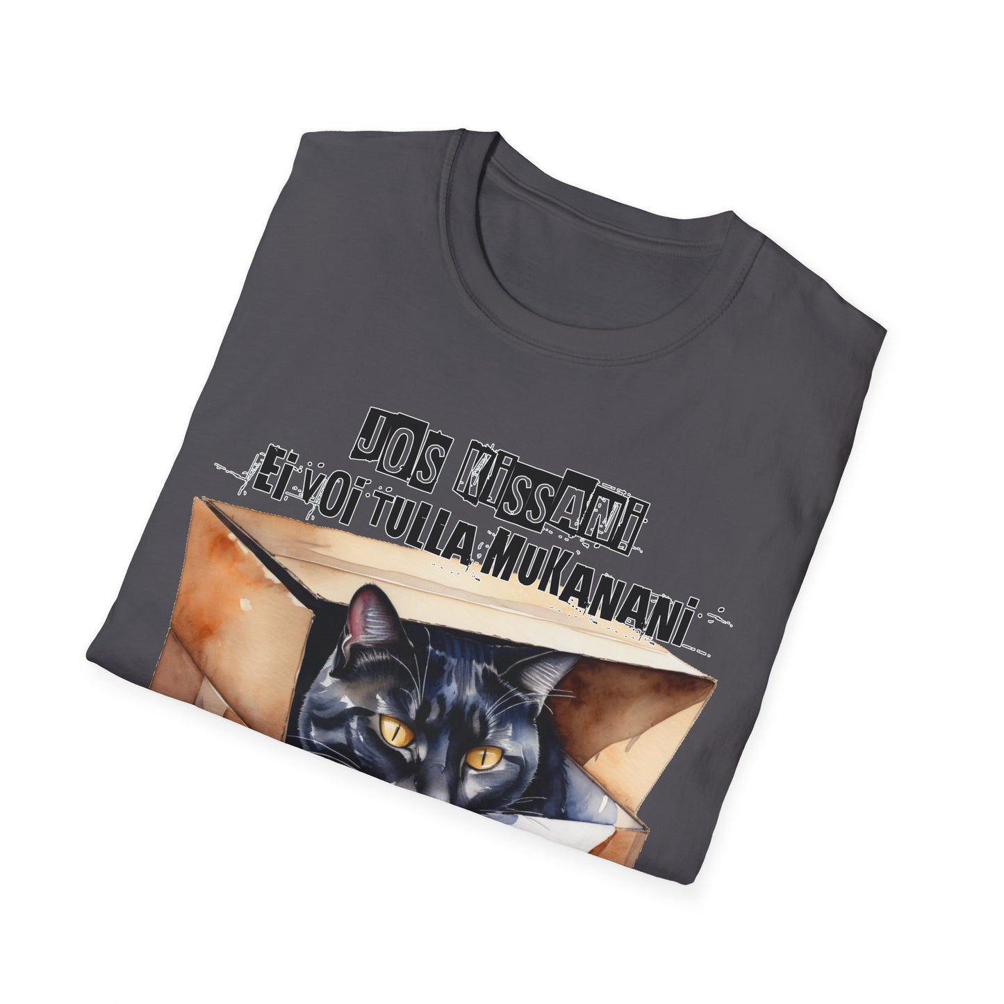 T-Paita - jos kissani ei voi tulla, minä en tule, musta kissa pahvilaatikossa