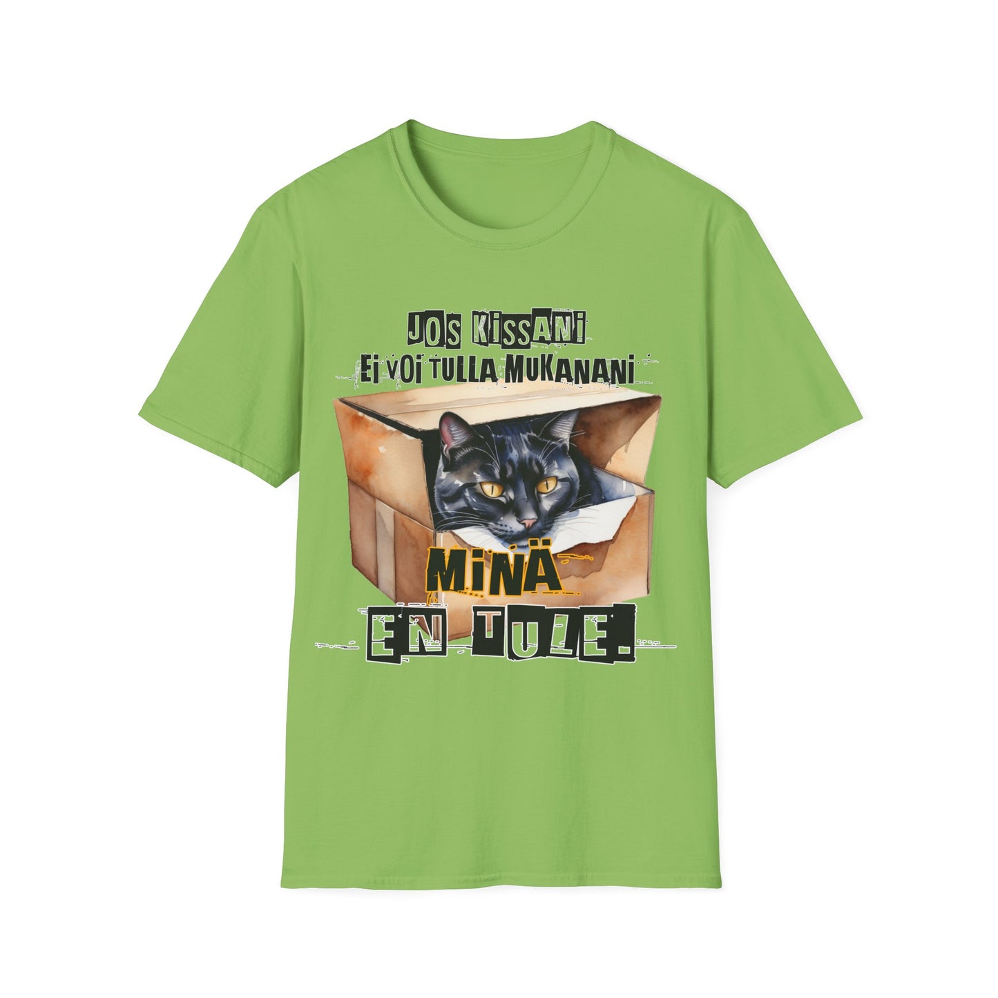 T-Paita - jos kissani ei voi tulla, minä en tule, musta kissa pahvilaatikossa