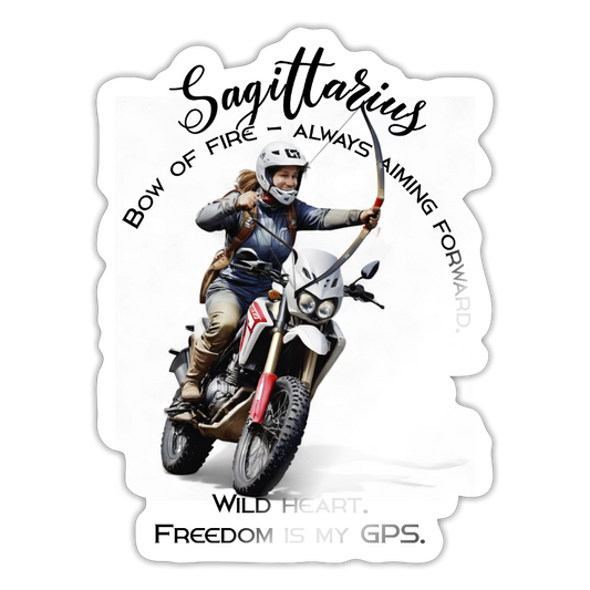 ousipyssy kädessä, keskisormi pystyssä – tää on Jousimies-bikerin tarra - valkoinen kiiltävä