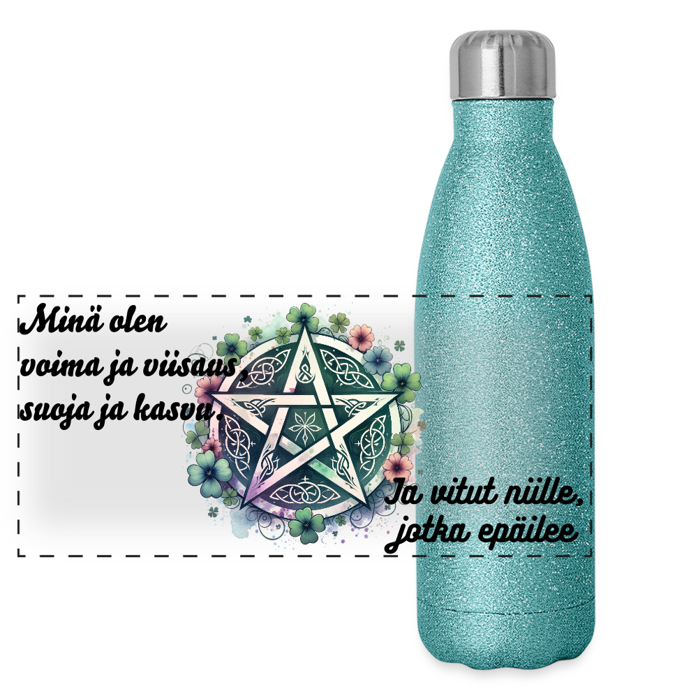 Glitter-termospullo ruostumattomasta teräksestä - Pentagrammi + kukat - sininen kimalle