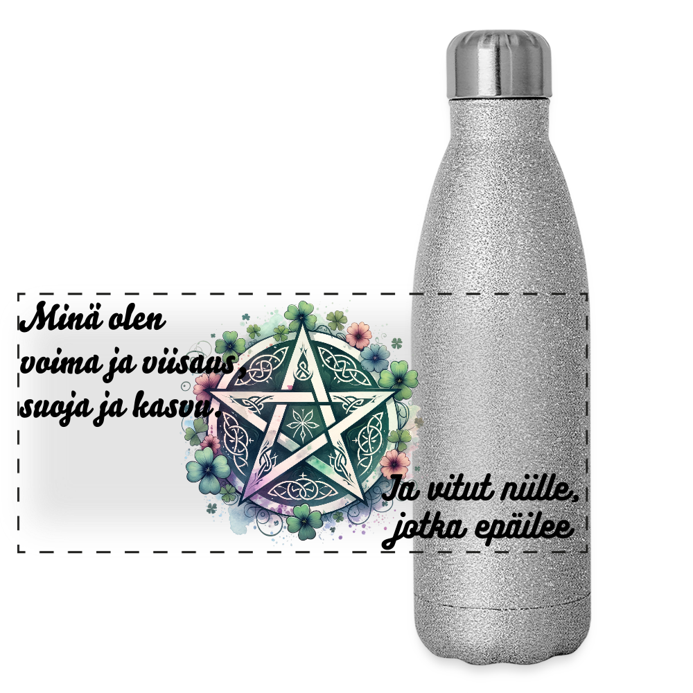 Glitter-termospullo ruostumattomasta teräksestä - Pentagrammi + kukat - hopeakimalle