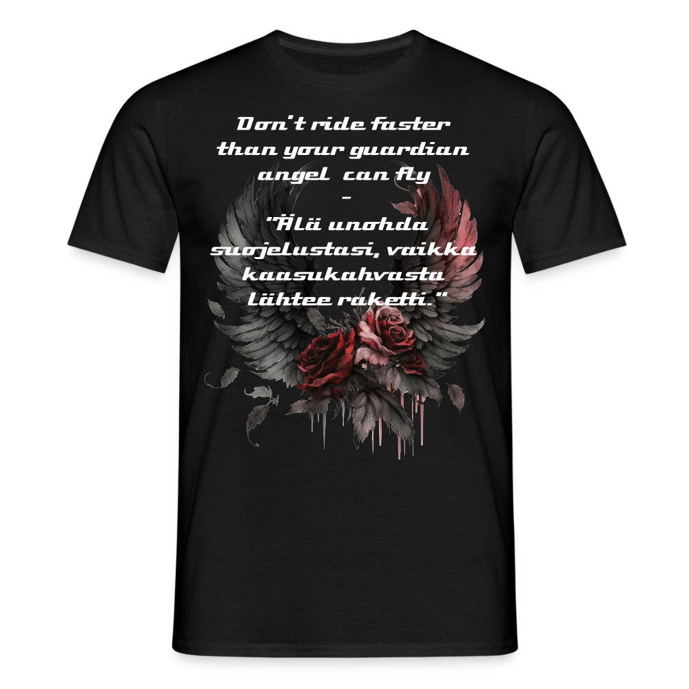 Miesten t-paita Don’t ride faster than your guardian angel can fly - musta