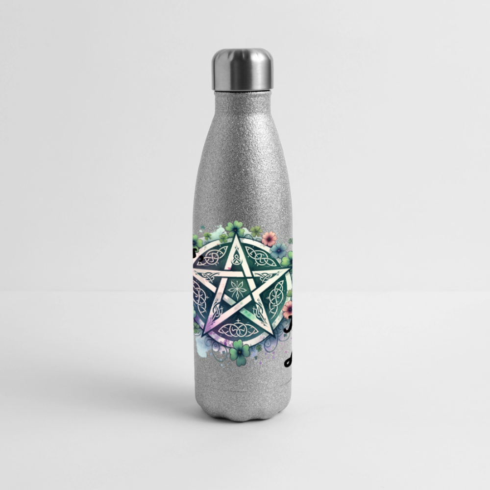 Glitter-termospullo ruostumattomasta teräksestä - Pentagrammi + kukat - hopeakimalle