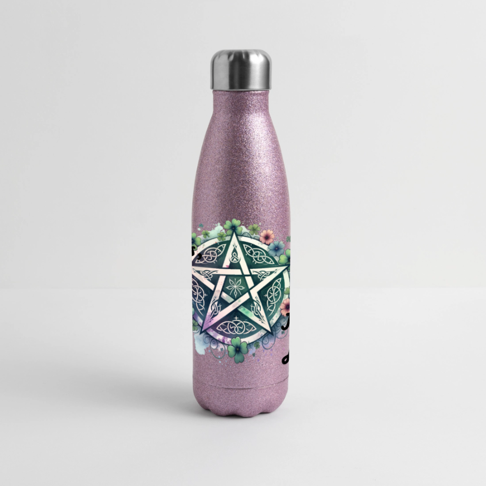 Glitter-termospullo ruostumattomasta teräksestä - Pentagrammi + kukat - pinkki kimalle