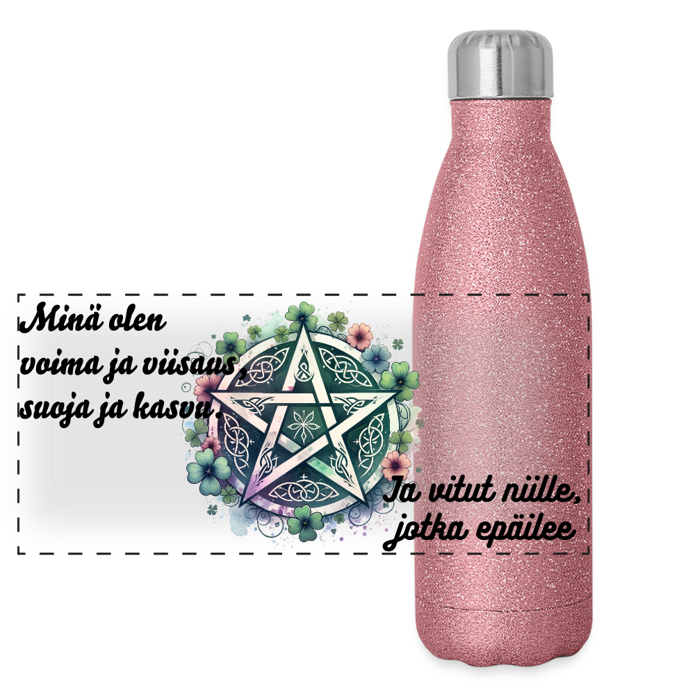 Glitter-termospullo ruostumattomasta teräksestä - Pentagrammi + kukat - pinkki kimalle