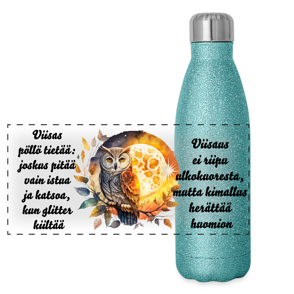 Glitter-termospullo ruostumattomasta teräksestä - pöllö ja kuutamo - sininen kimalle