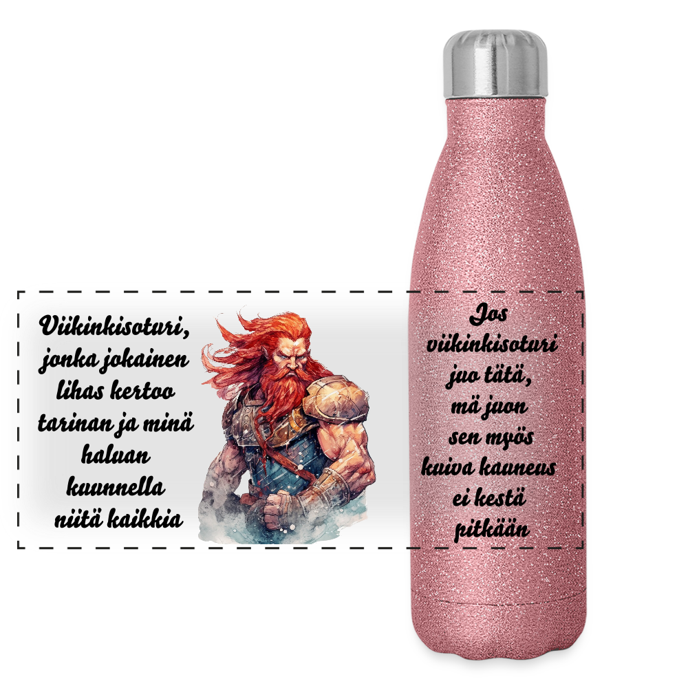 Glitter-termospullo ruostumattomasta teräksestä - viikinkisoturi - pinkki kimalle