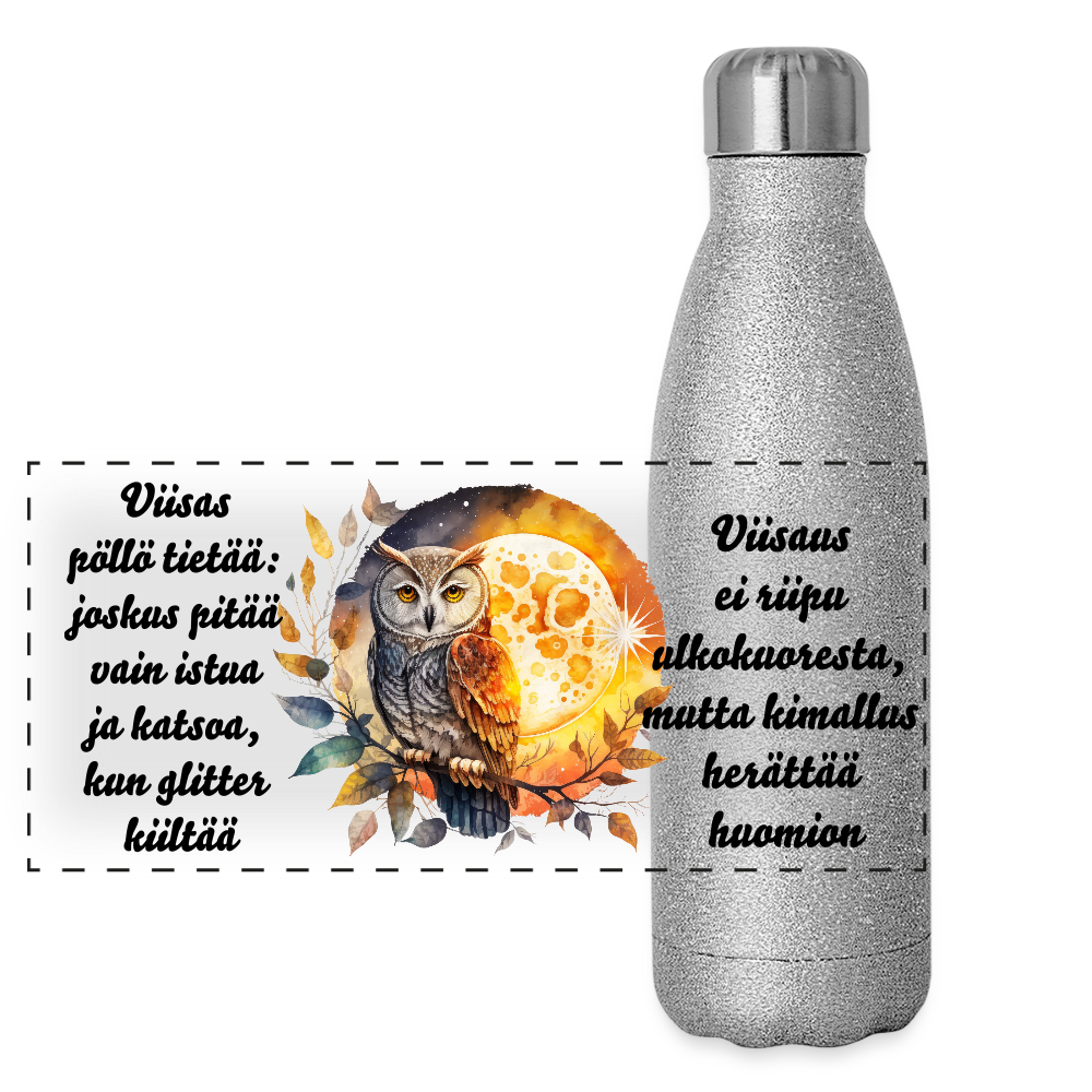 Glitter-termospullo ruostumattomasta teräksestä - pöllö ja kuutamo - hopeakimalle