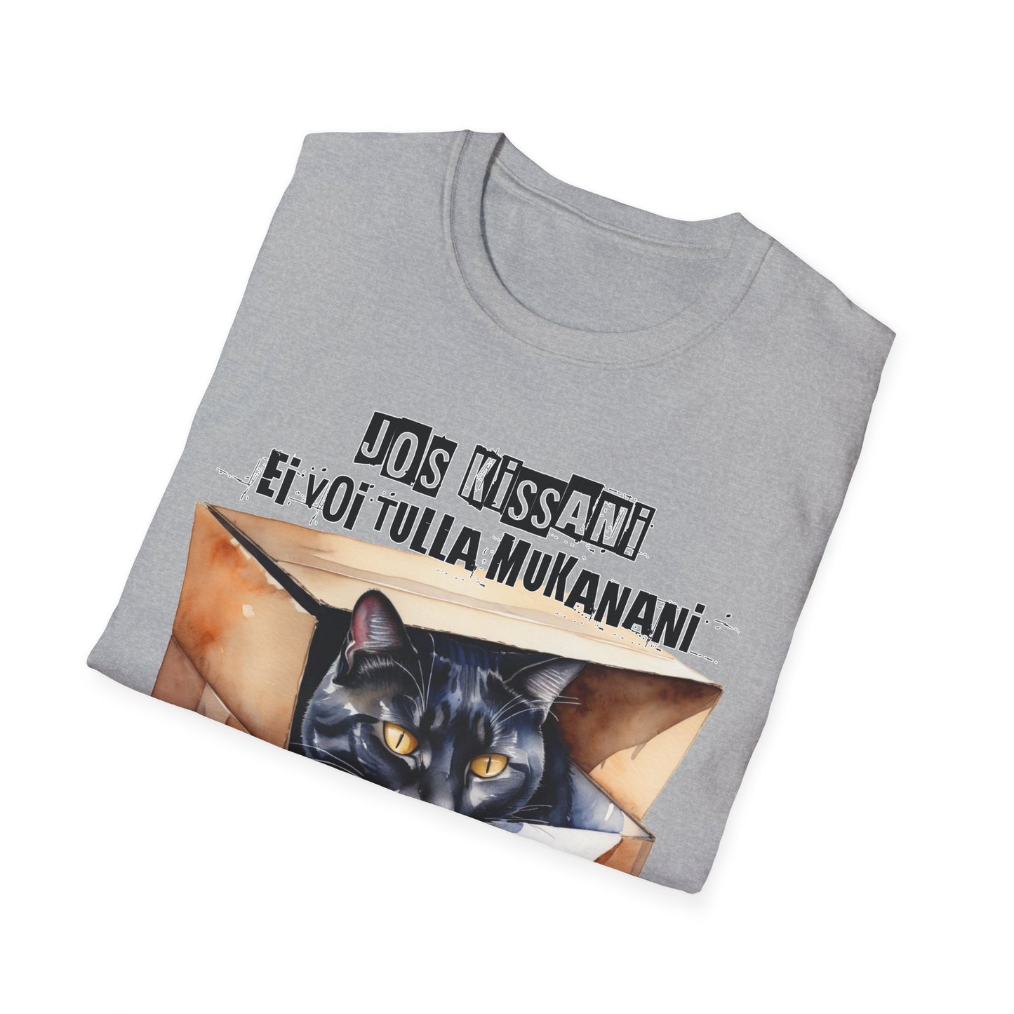 T-Paita - jos kissani ei voi tulla, minä en tule, musta kissa pahvilaatikossa