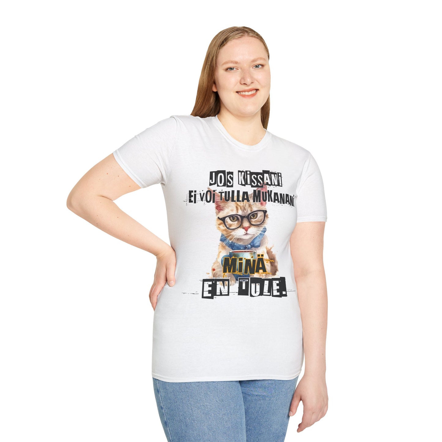 T-Paita - jos kissani ei voi tulla, minä en tule, kotikissa ja kahvikuppi