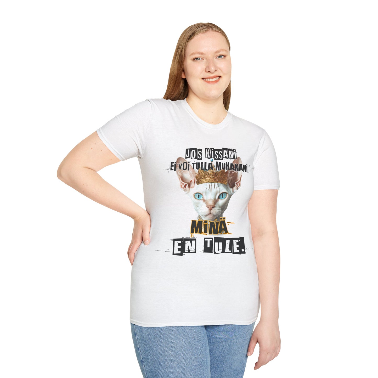 T-Paita -   jos kissani ei voi tulla, minä en tule, devon rex ja kruunu