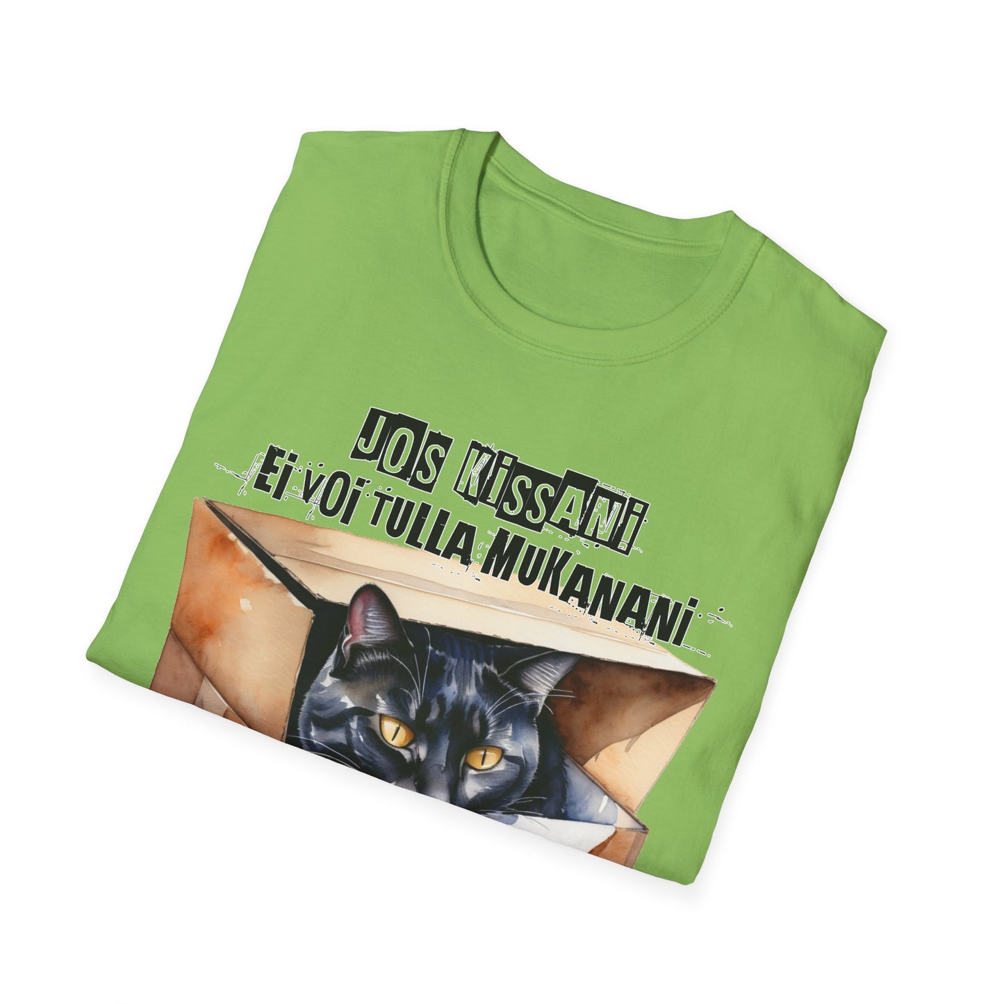 T-Paita - jos kissani ei voi tulla, minä en tule, musta kissa pahvilaatikossa