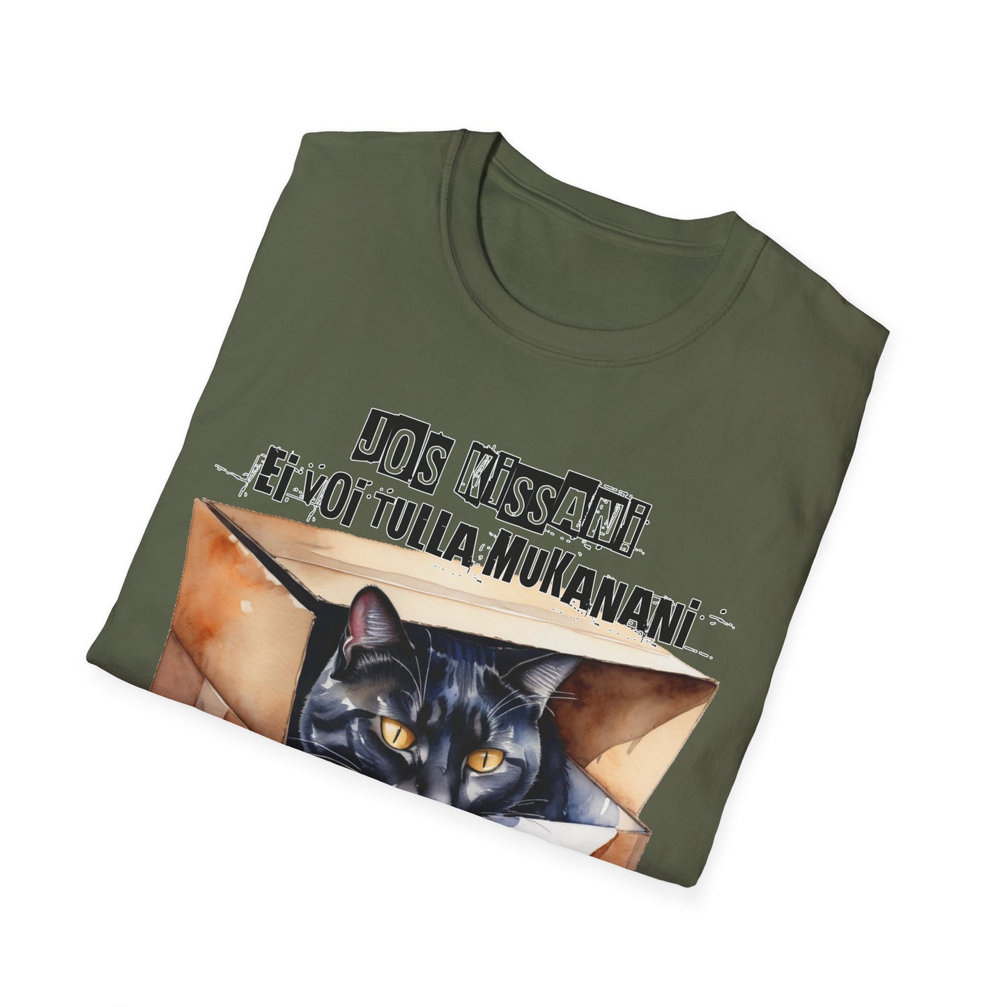 T-Paita - jos kissani ei voi tulla, minä en tule, musta kissa pahvilaatikossa