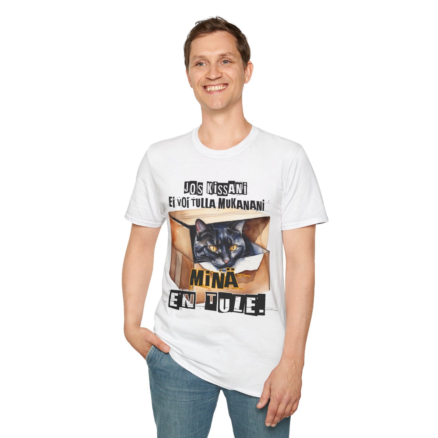 T-Paita - jos kissani ei voi tulla, minä en tule, musta kissa pahvilaatikossa
