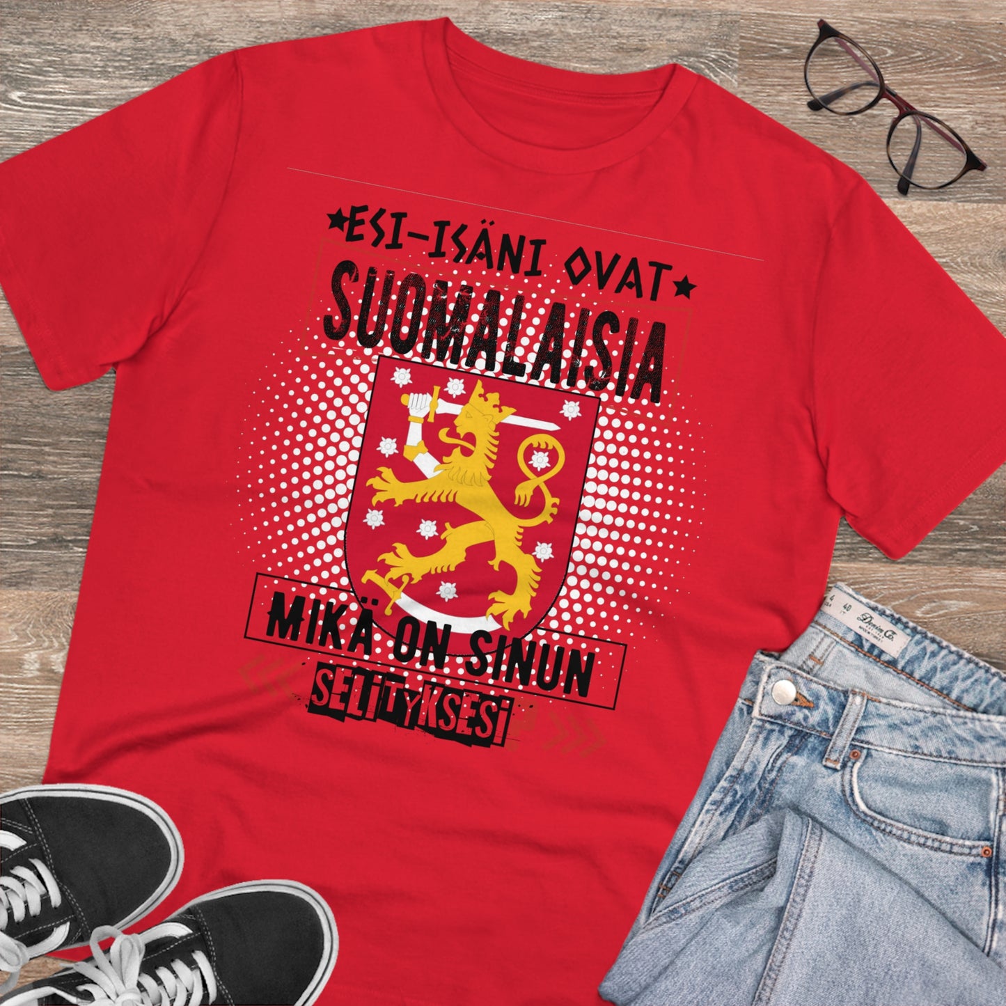 Unisex luomupuuvillainen t-paita - esi-isäni ovat suomalaisia, mikä o sinun selityksesi, suomivaakuna