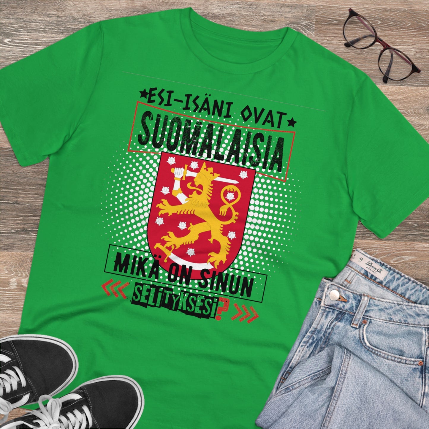 Unisex luomupuuvillainen t-paita - esi-isäni ovat suomalaisia, mikä o sinun selityksesi, suomivaakuna