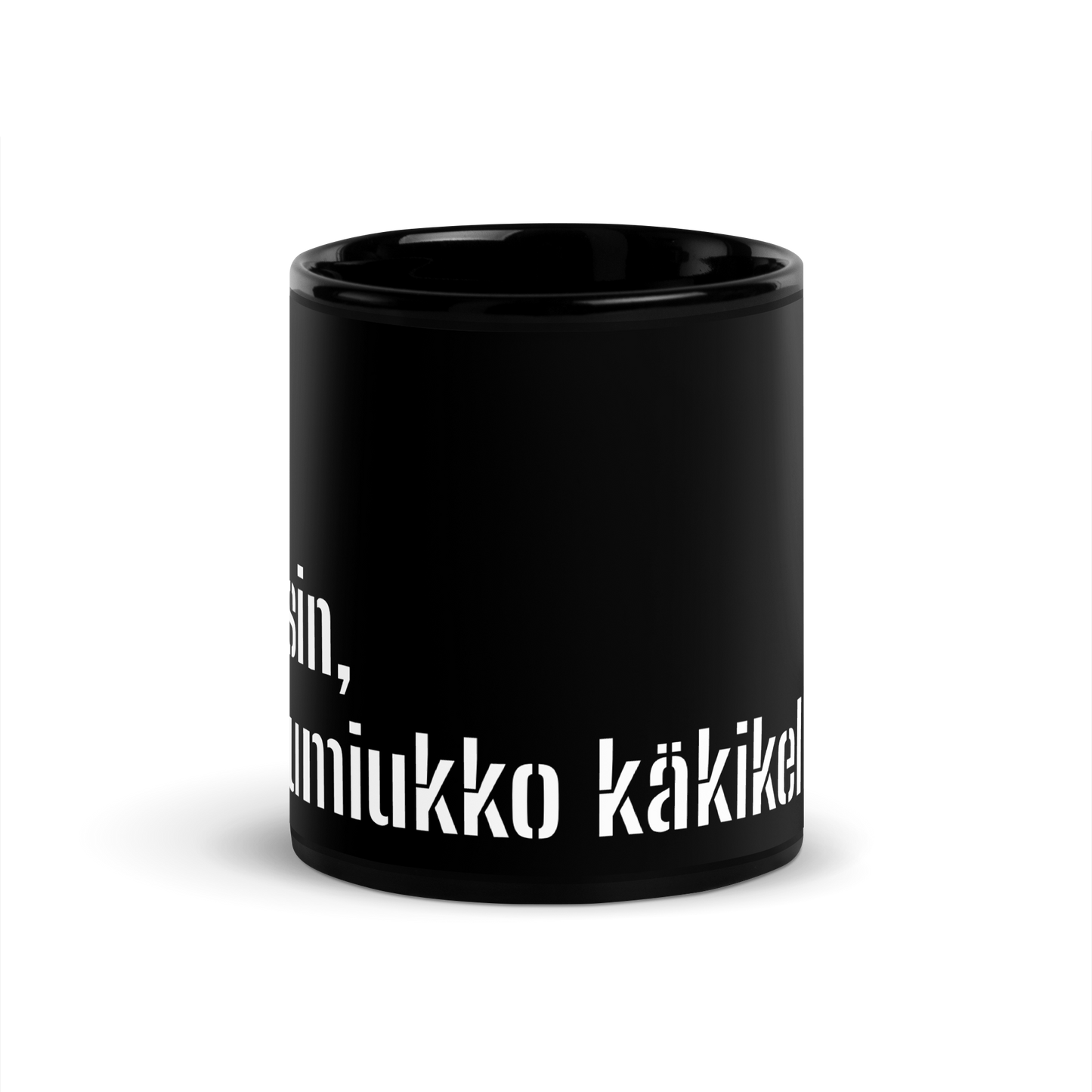 Black shiny mug- confused, like a snowman in a cuckoo clock