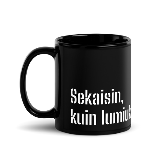 Musta kiiltävä muki- sekaisin, kuin lumiukko käkikellossa
