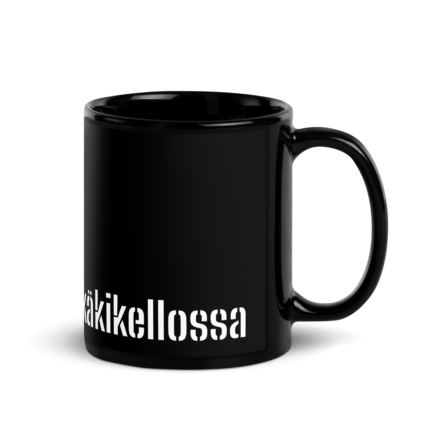 Black shiny mug- confused, like a snowman in a cuckoo clock