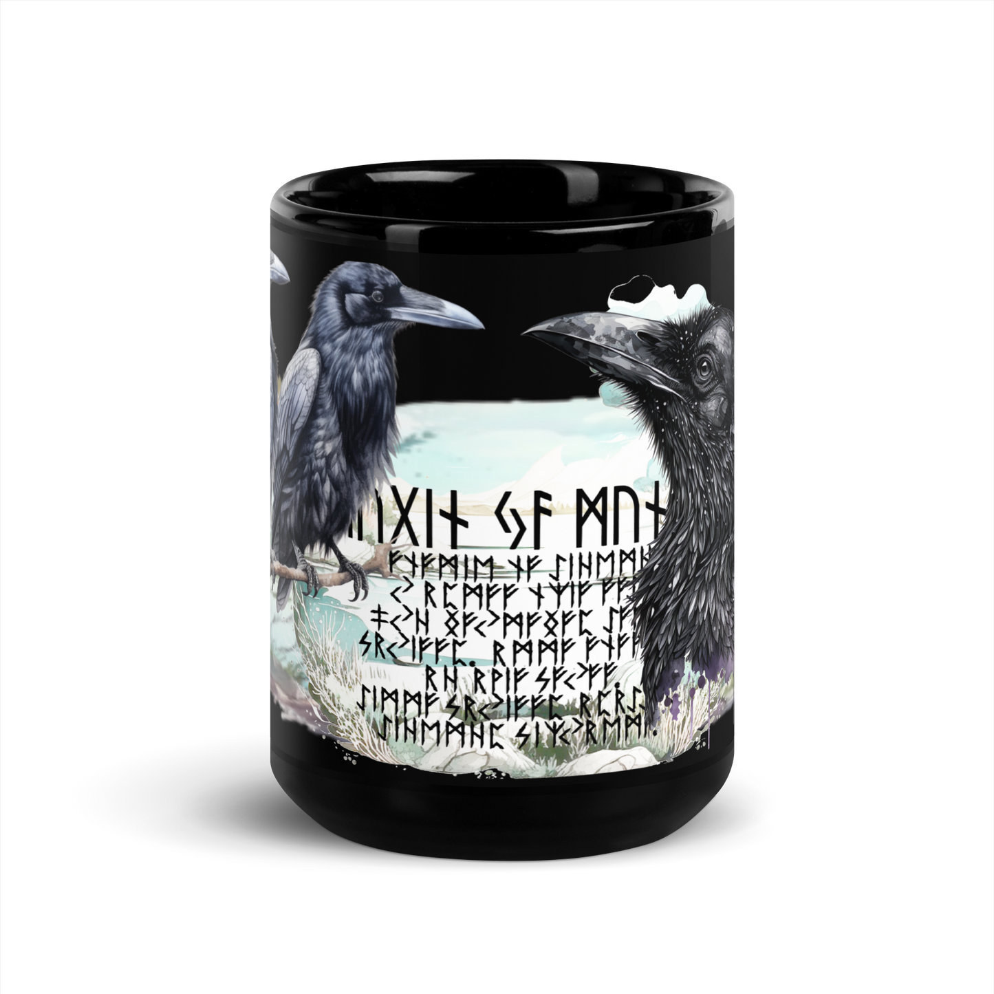 Musta kiiltävä muki - hugin ja munin viikinkikorpit