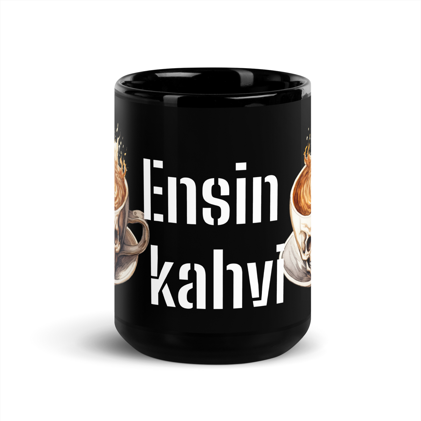 Musta kiiltävä muki - ensin kahvi pääkallo