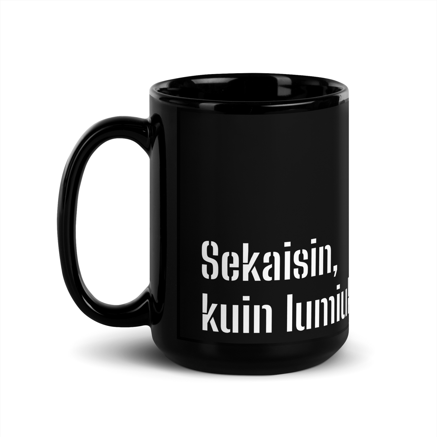 Black shiny mug- confused, like a snowman in a cuckoo clock