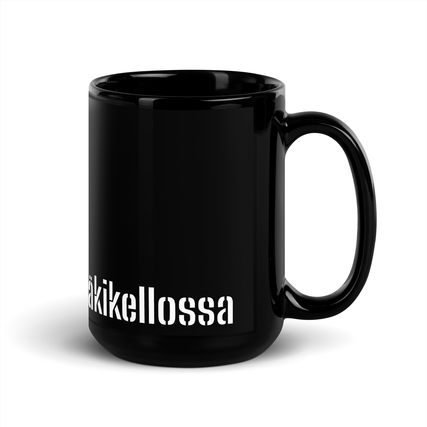 Black shiny mug- confused, like a snowman in a cuckoo clock