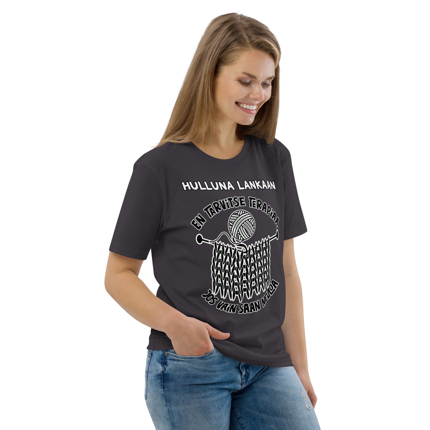 Unisex luomupuuvilla t-paita: en tarvitse terapiaa, jos vain saan neuloa + oma teksti