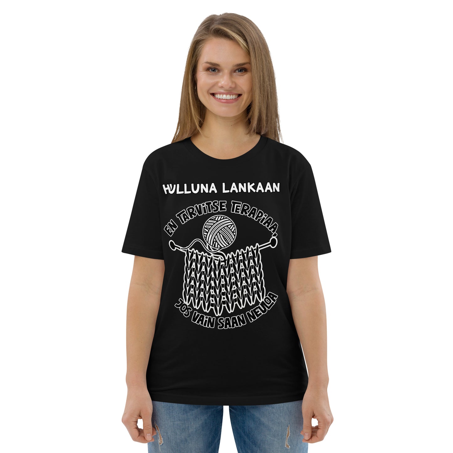 Unisex luomupuuvilla t-paita: en tarvitse terapiaa, jos vain saan neuloa + oma teksti