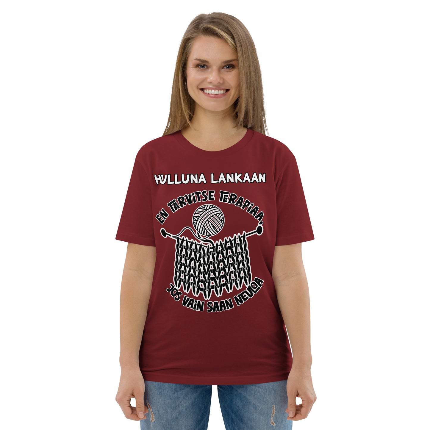 Unisex luomupuuvilla t-paita: en tarvitse terapiaa, jos vain saan neuloa + oma teksti
