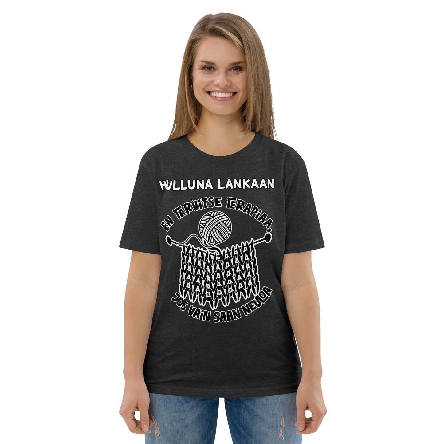 Unisex luomupuuvilla t-paita: en tarvitse terapiaa, jos vain saan neuloa + oma teksti