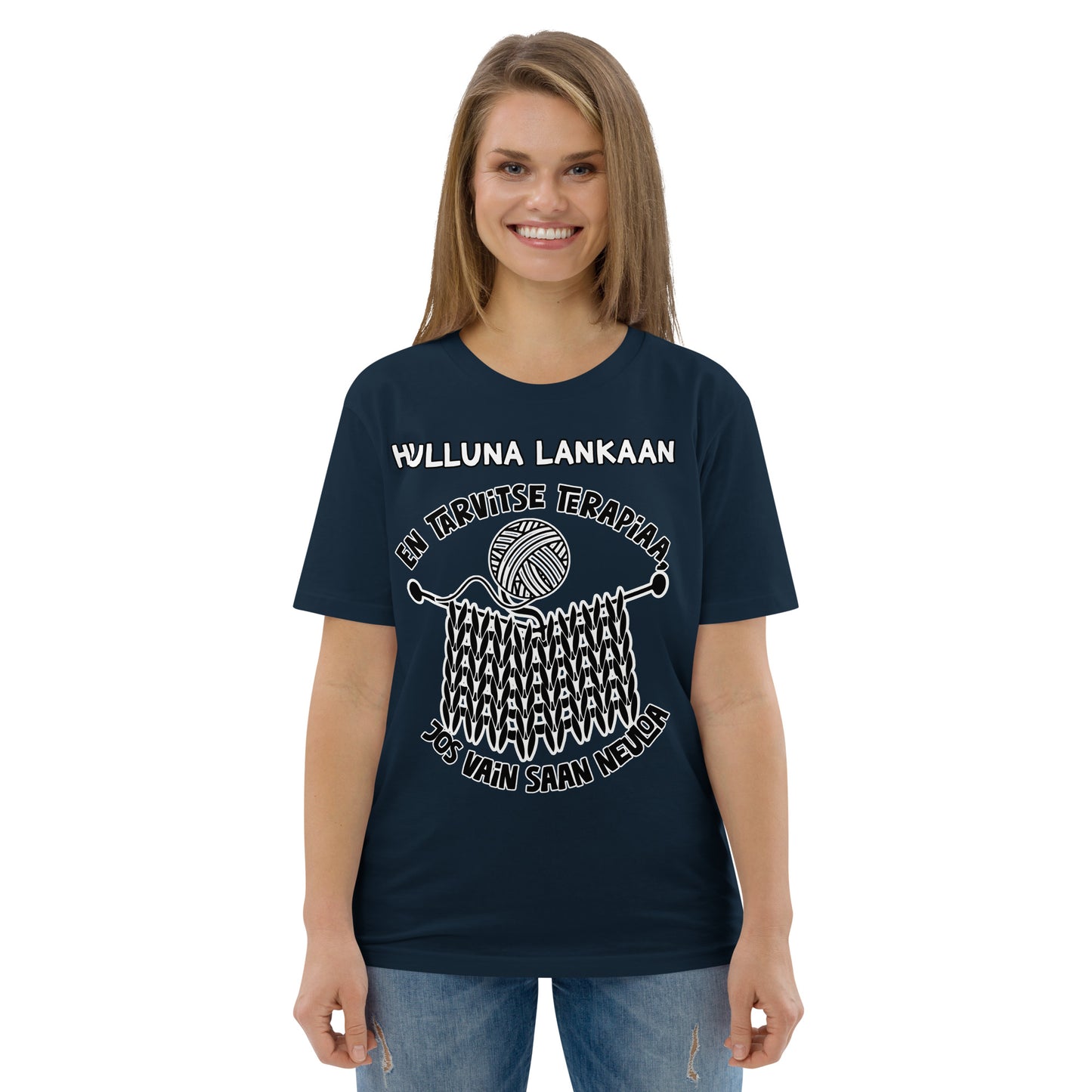 Unisex luomupuuvilla t-paita: en tarvitse terapiaa, jos vain saan neuloa + oma teksti