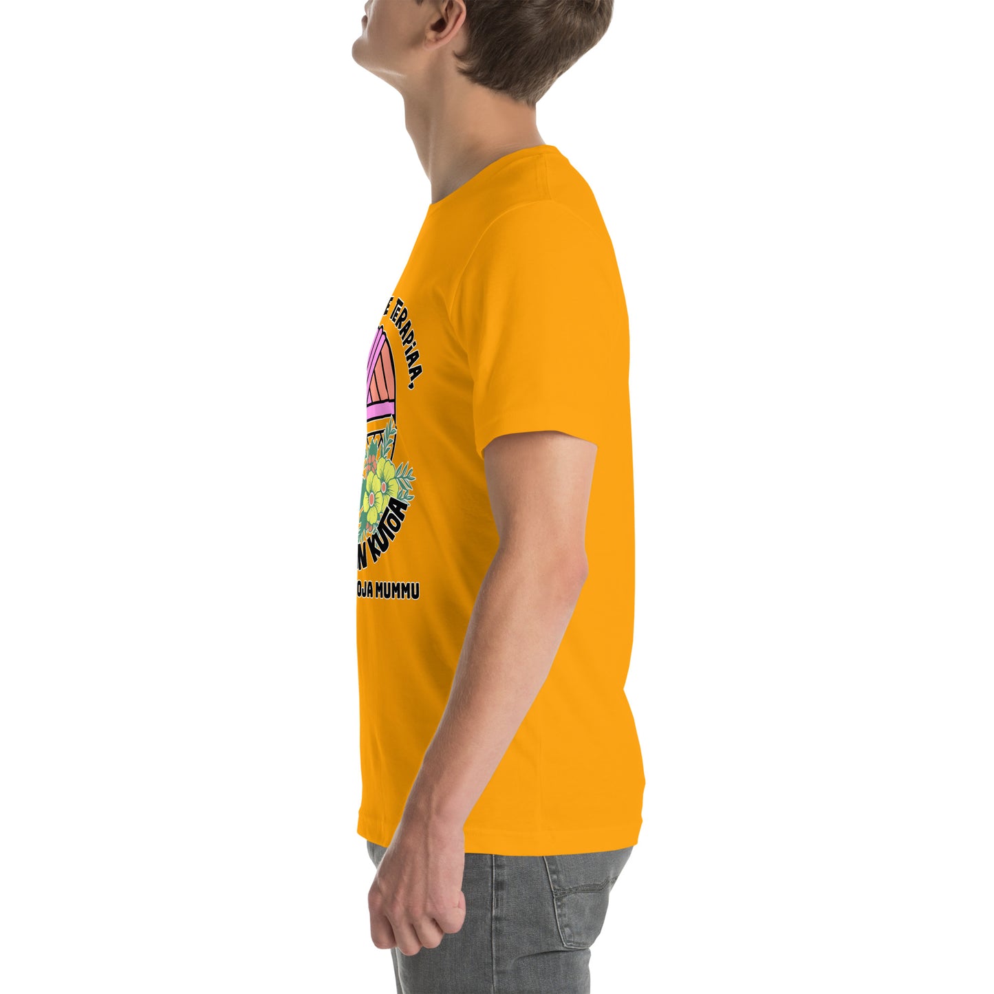 Unisex t-paita: En tarvitse terapiaa, jos vain saan kutoa + lisää tekstiä