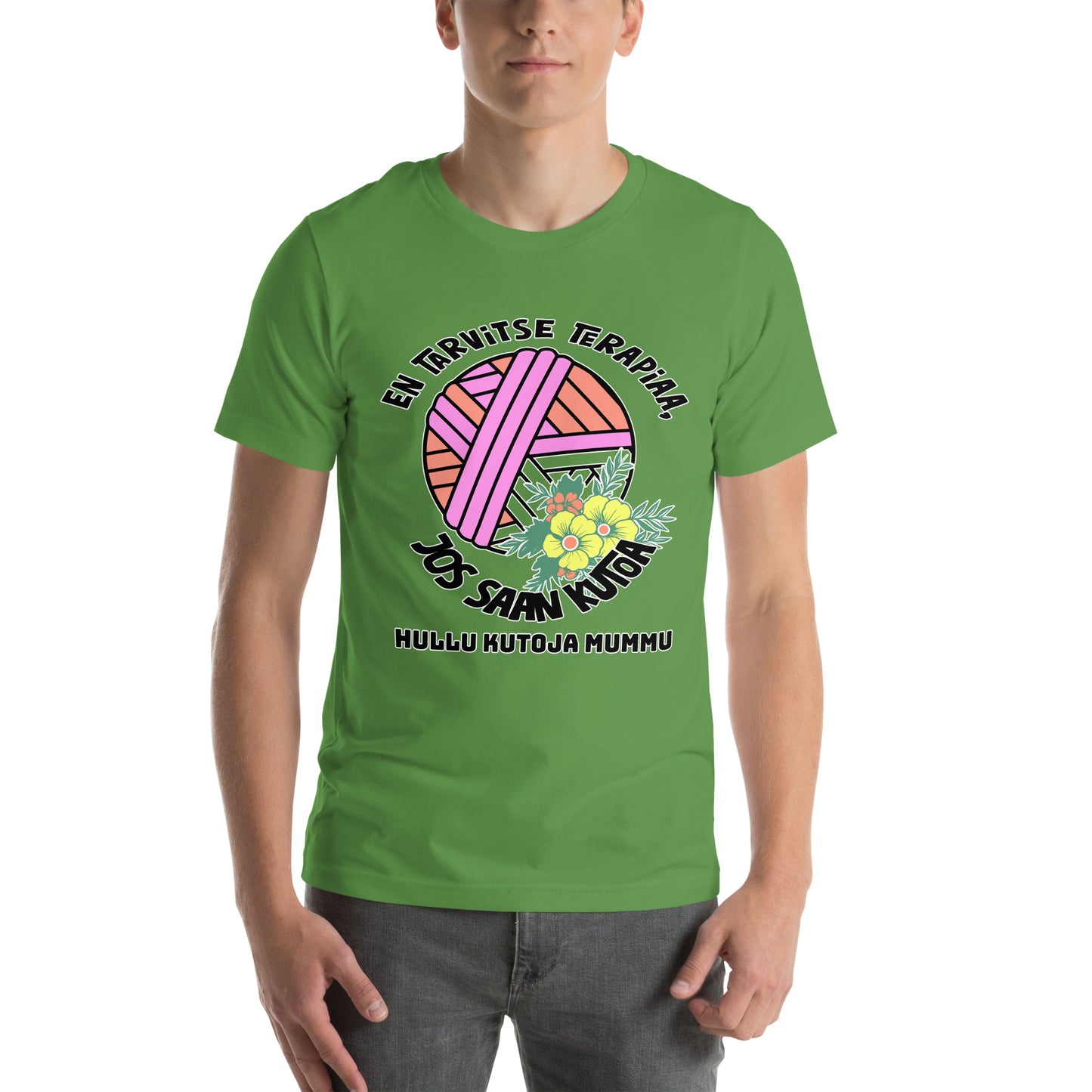 Unisex t-paita: En tarvitse terapiaa, jos vain saan kutoa + lisää tekstiä