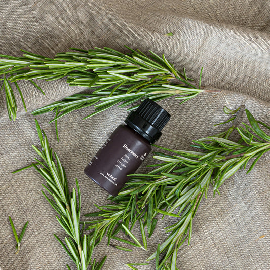 a bottle of rosemary essential oil sitting on top of a cloth
