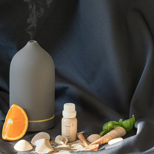 a bottle of essential oil next to a pile of sea shells and an orange slice