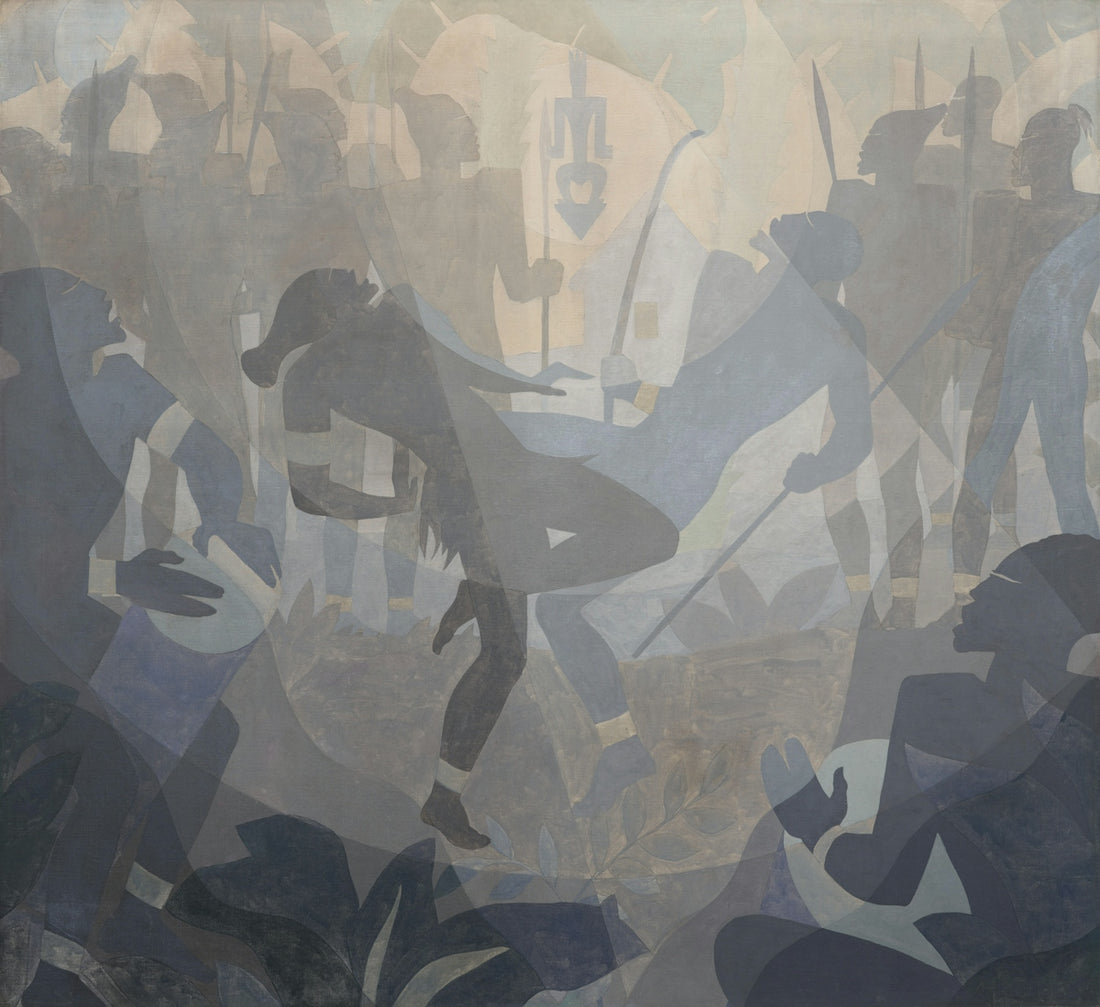 A painting of a group of people playing with a frisbee