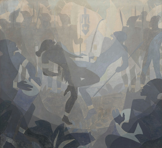 A painting of a group of people playing with a frisbee