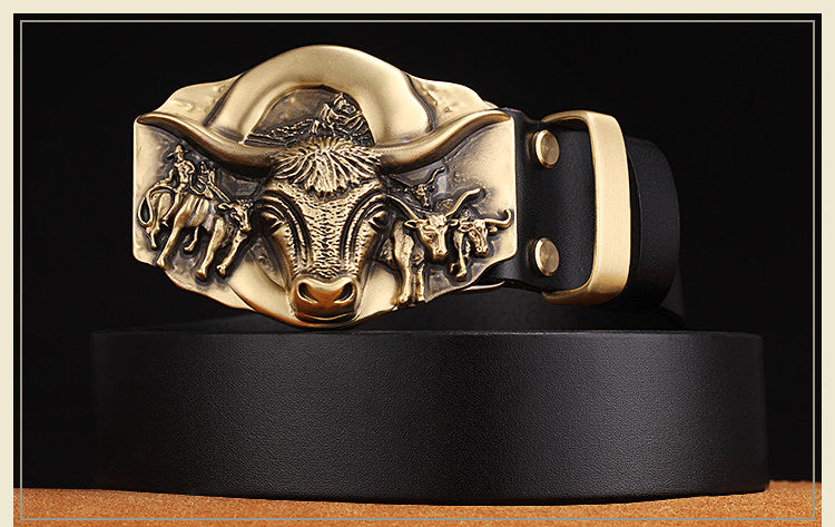 Cowhide leather belt belt with copper bull buckle