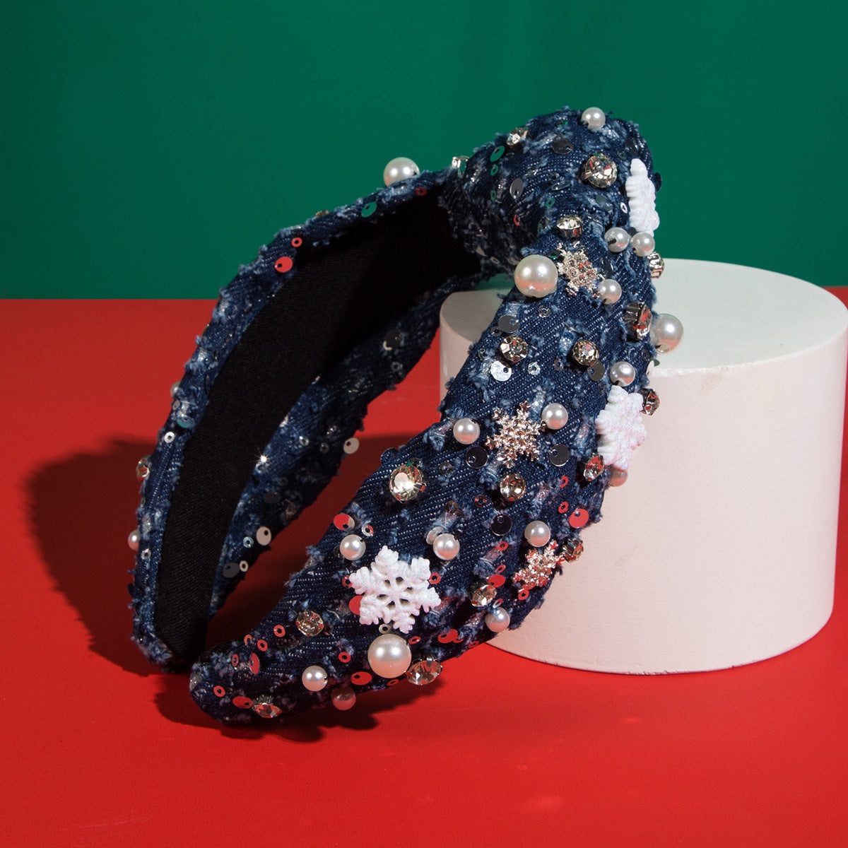 Fashion Denim Rhinestone Pearl Headband