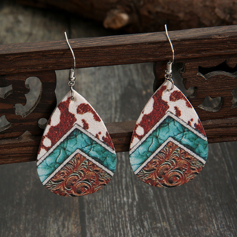 Water Drop Western Style Cows Pattern Pattern Leather Earrings Personality Pu Double-sided Earrings