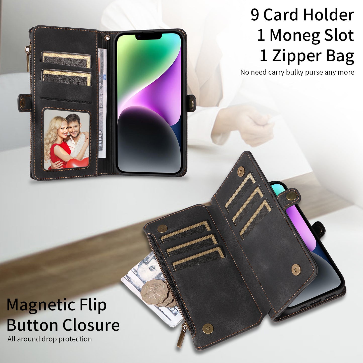 Wallet Flip Zipper Phone Leather Case