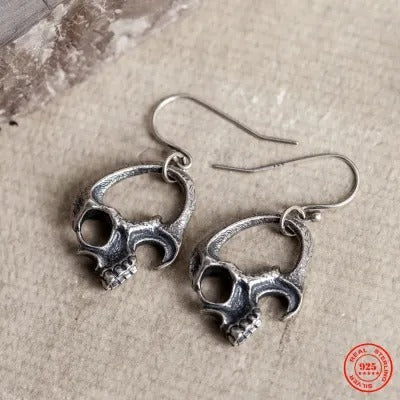 S925 Silver Gothic Skull Headwear Earrings