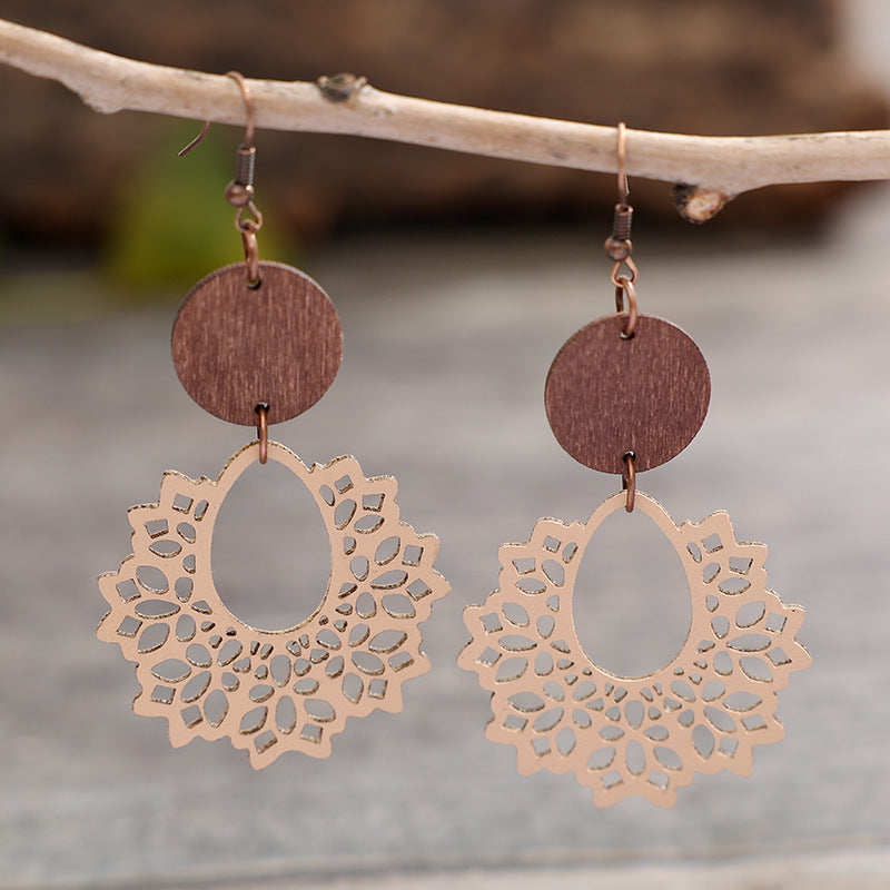 Retro Patchwork Wooden Round Hollow Leather Earrings