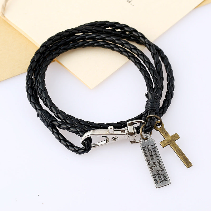 PU Woven Leather Cowhide Bracelet Double Ring Punk Jewelry