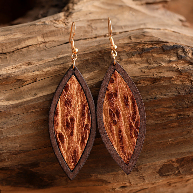 Genuine Leather Retro Embossed Classic Geometric Wooden Earrings