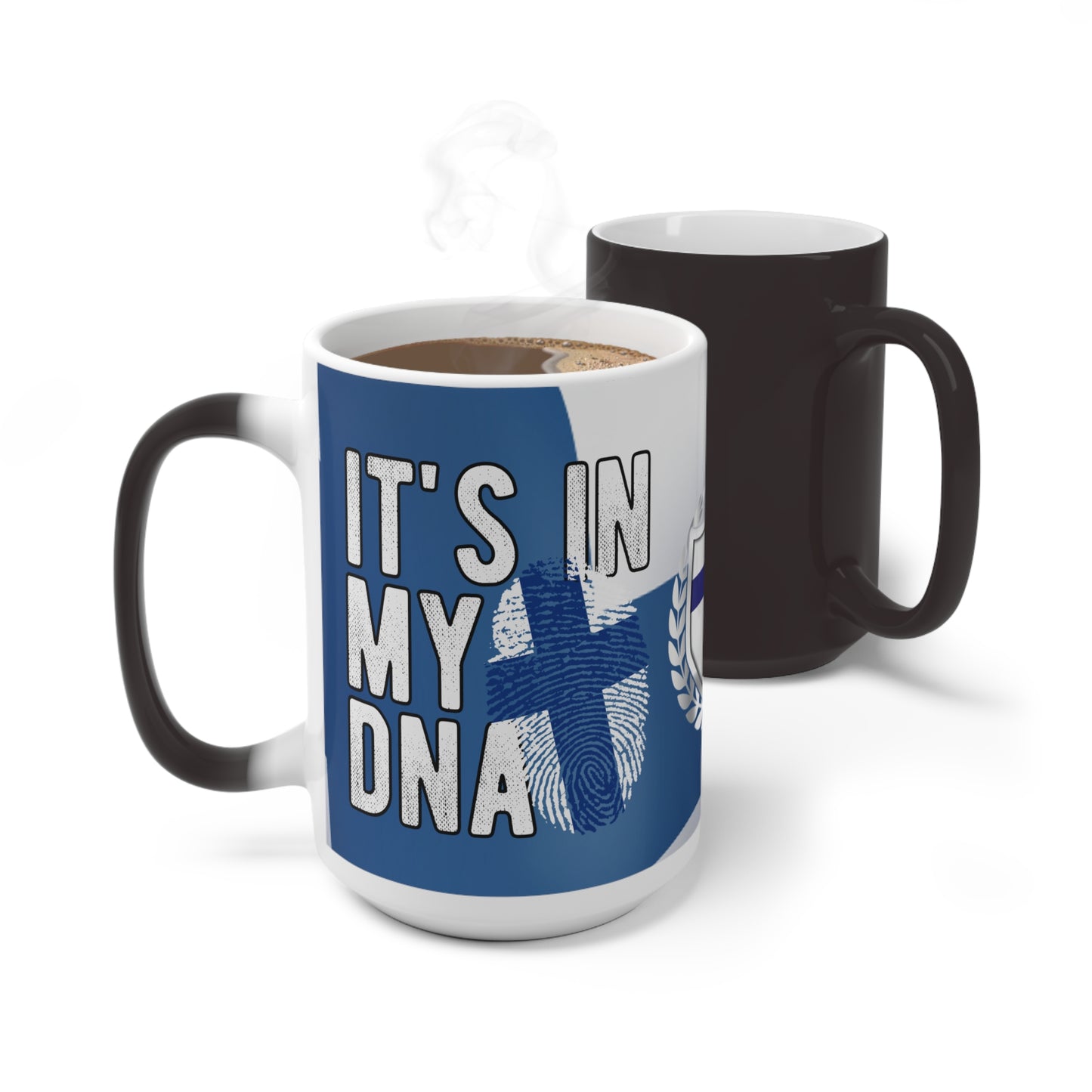 Magic mug with Finnish coat of arms and dna Finland